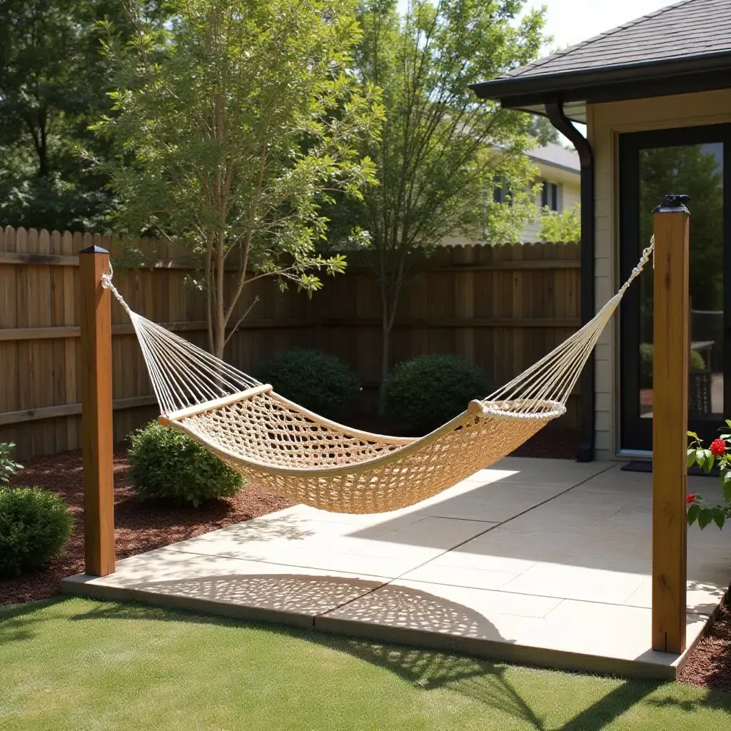 a photo of a hammock strung between two posts on a 12x12 patio