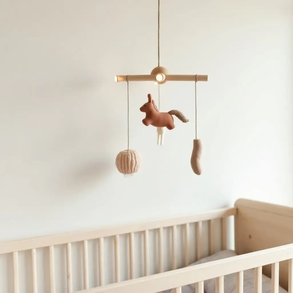 a photo of a nursery with a mobile made of natural materials and soft colors