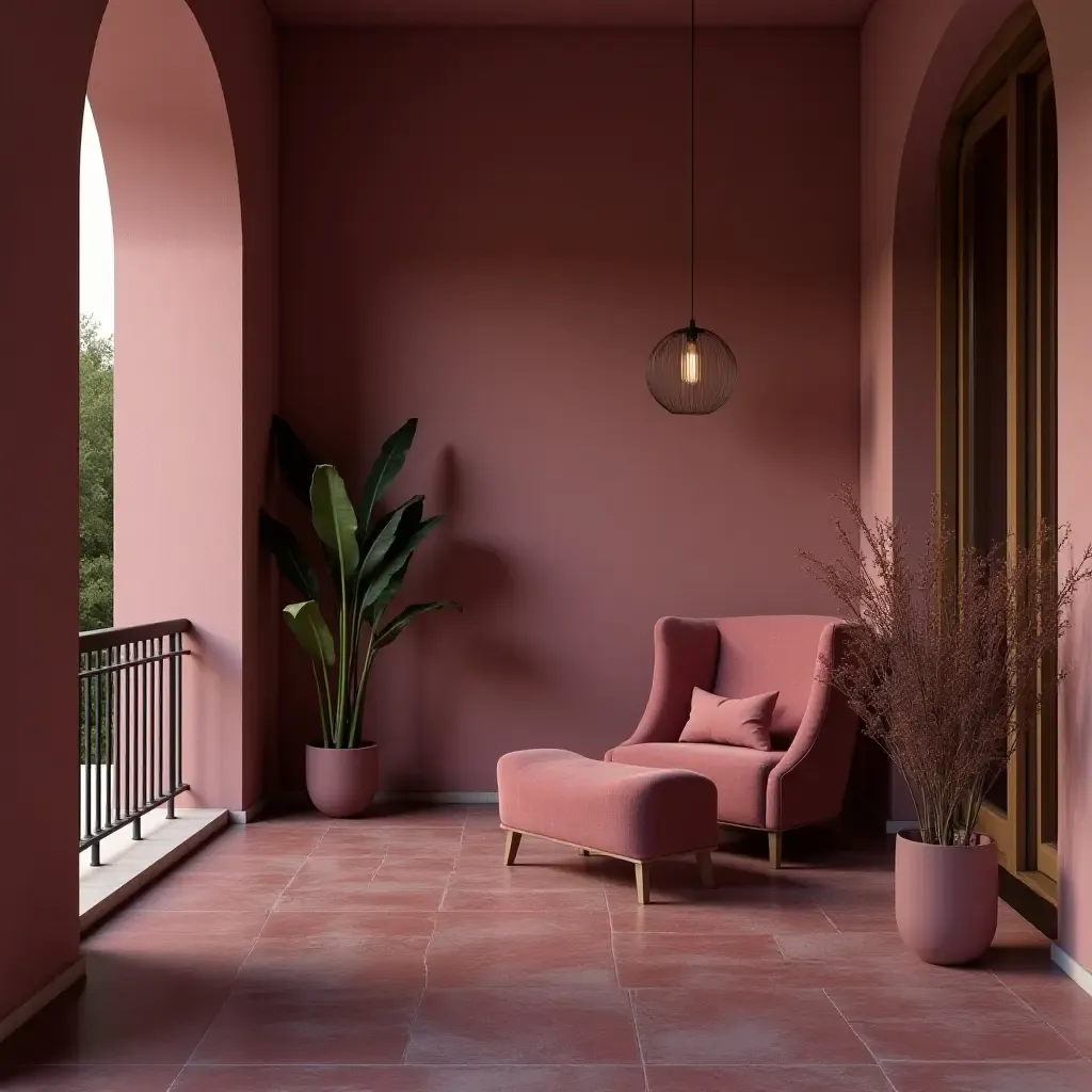 a photo of a romantic balcony featuring soft blush and deep plum colors