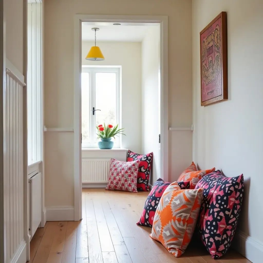 a photo of a playful corridor with throw pillows in bold, graphic designs