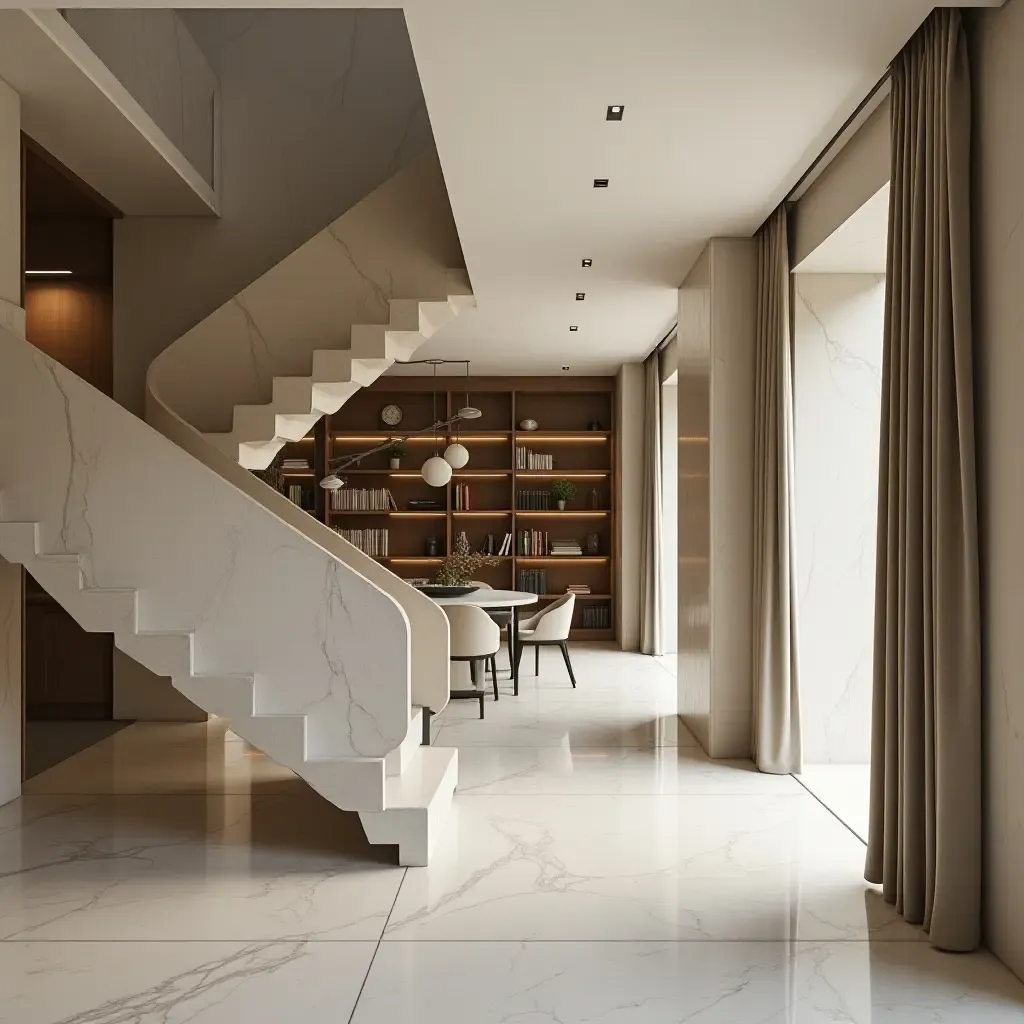 a photo of a sleek library with a minimalist staircase and open layout