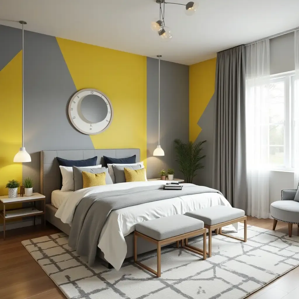 a photo of a modern gray and yellow bedroom with geometric patterns