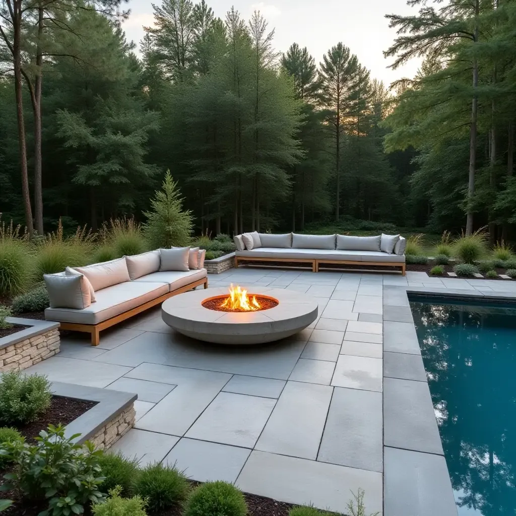 a photo of a concrete patio with a sunken seating area and fire bowl