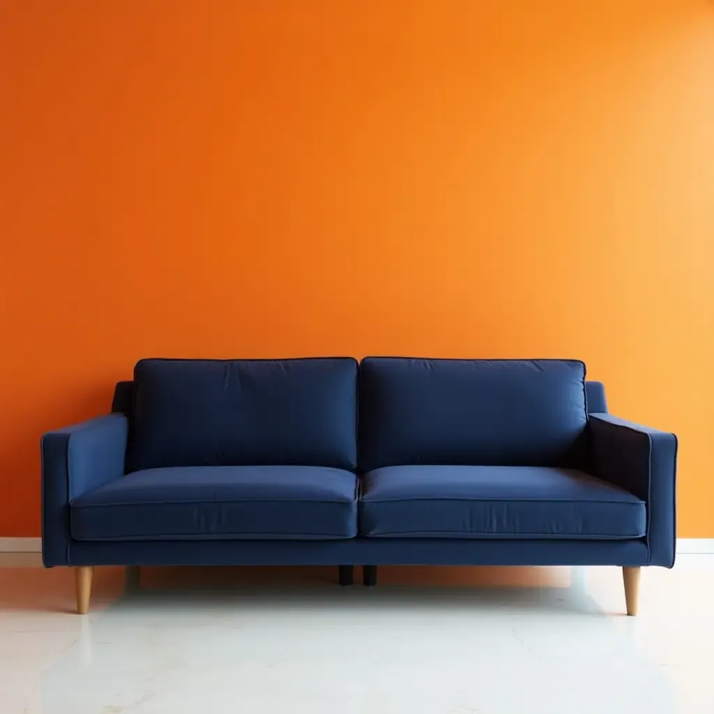 a photo of a stylish navy sofa with orange accent wall