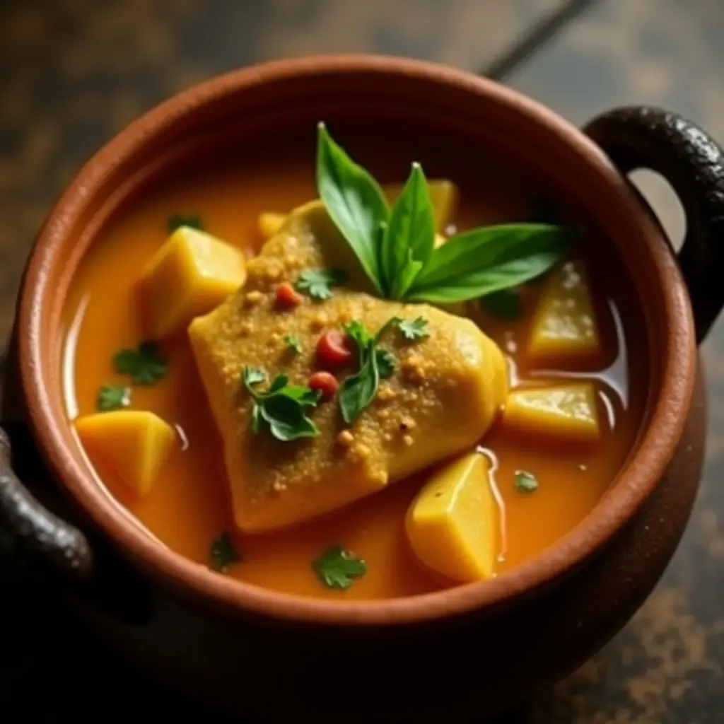 a photo of a zesty Thai lemongrass curry with fish and lime leaves, served in a clay pot.