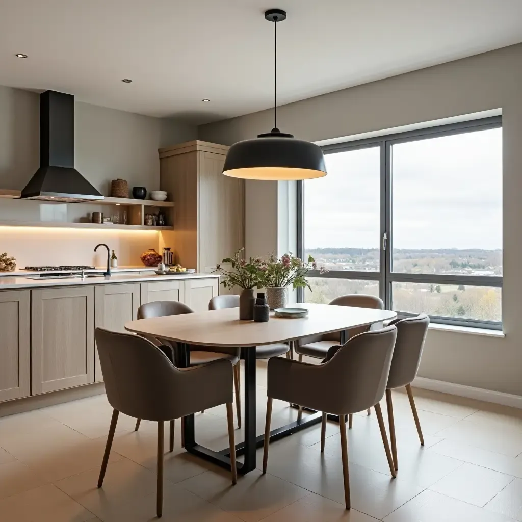 a photo of a chic dining area in a kitchen with modern decor