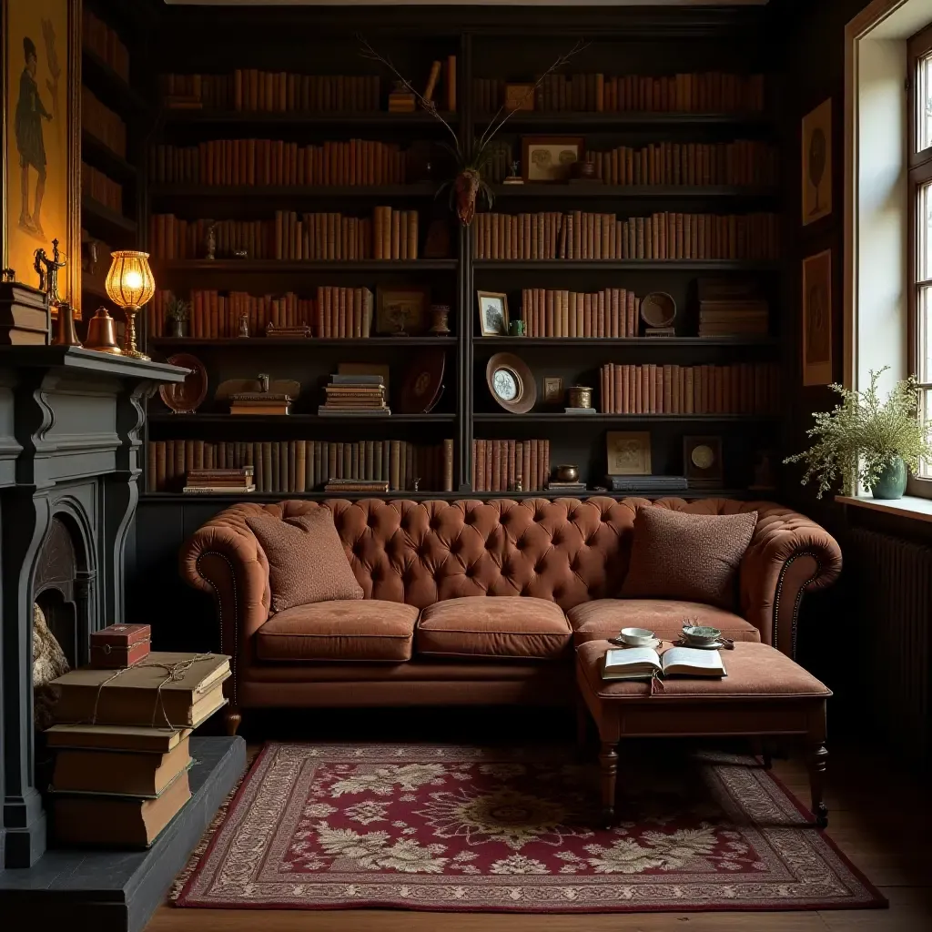 a photo of a living room filled with vintage witchcraft books and artifacts