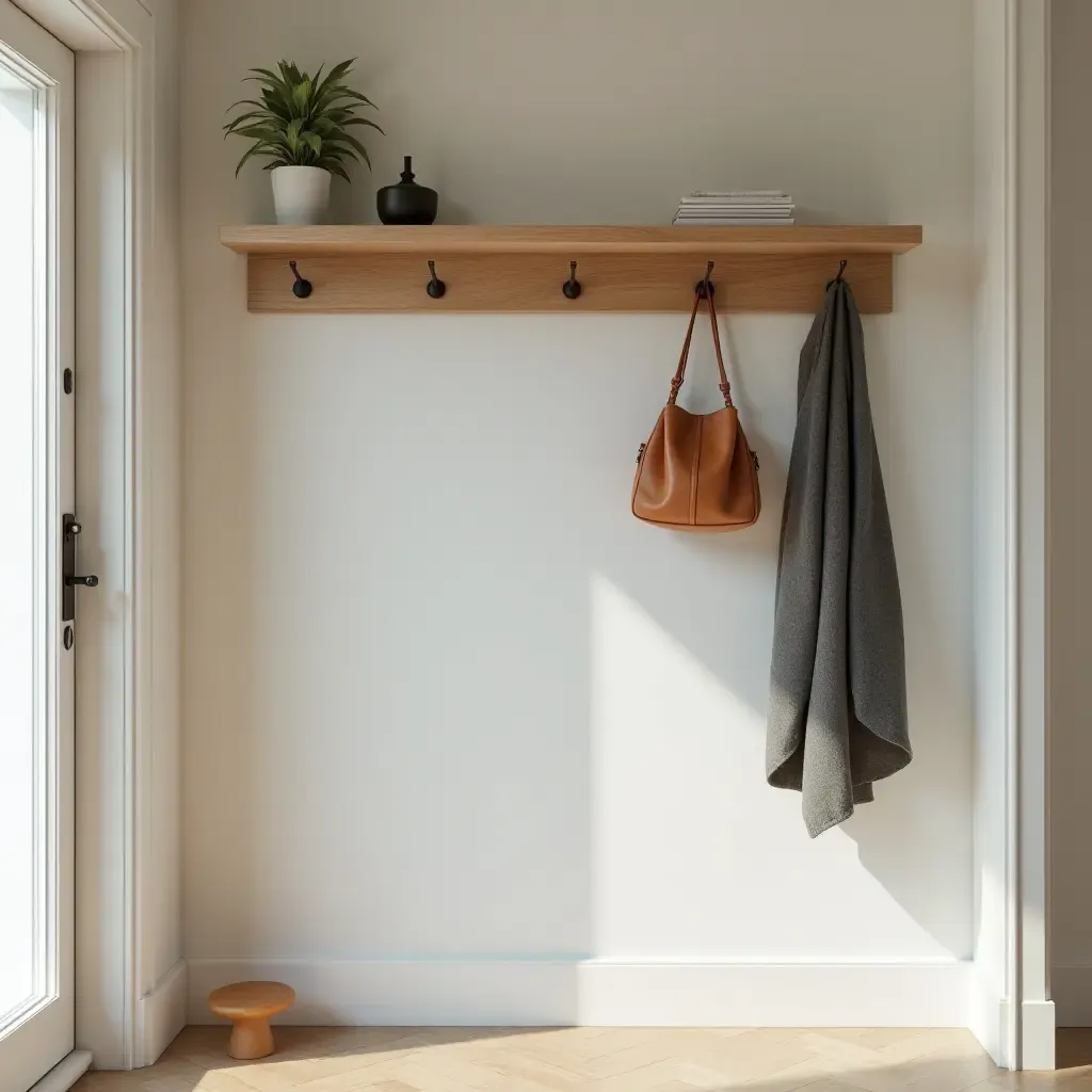 a photo of an entrance hall with wall-mounted hooks and shelves