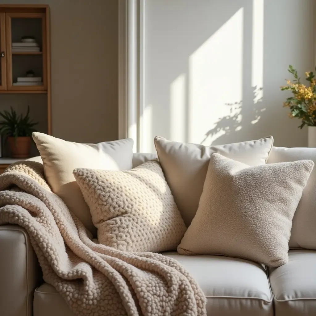 a photo of a cozy living room with oversized pillows and a warm blanket