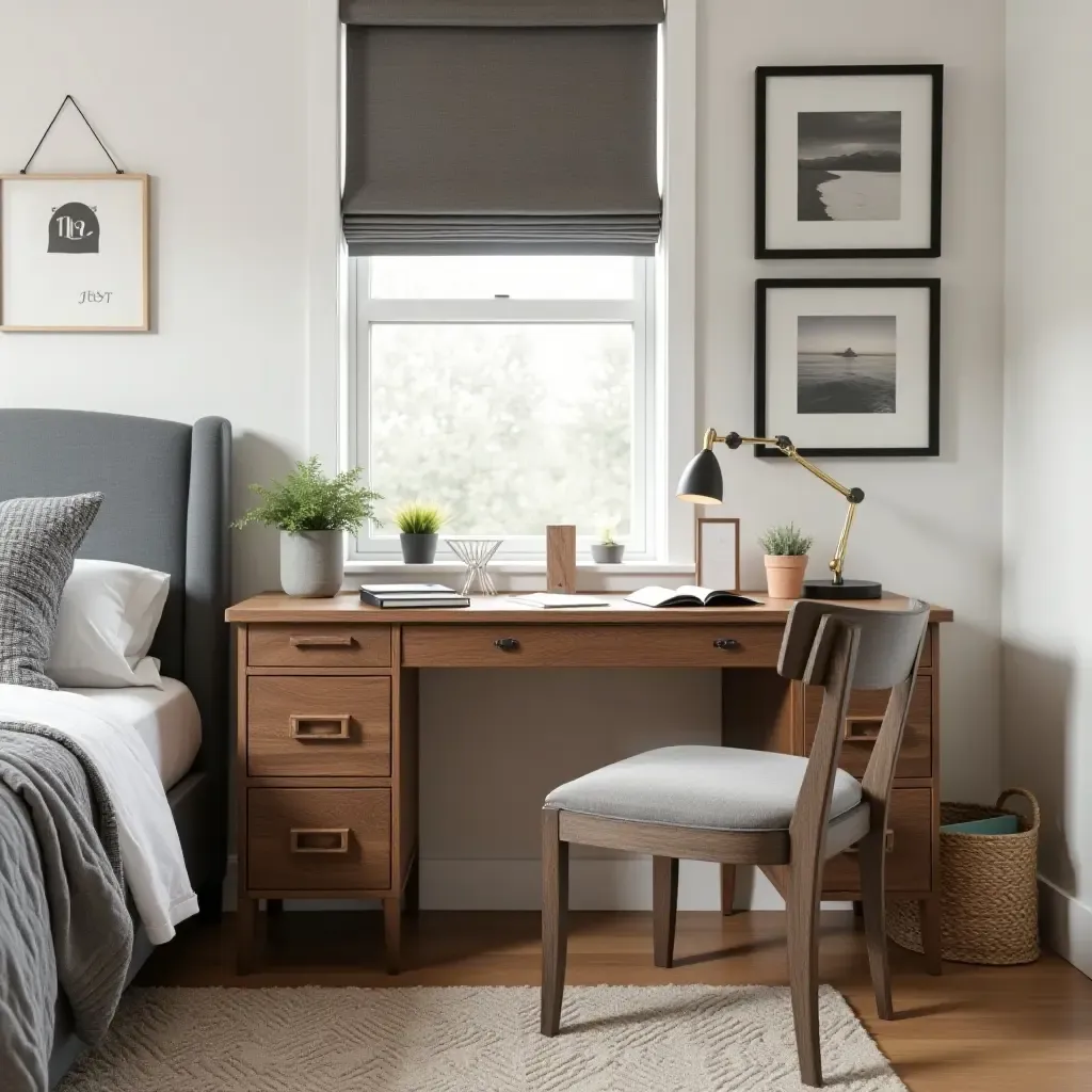 a photo of a teen bedroom featuring a reclaimed wood desk