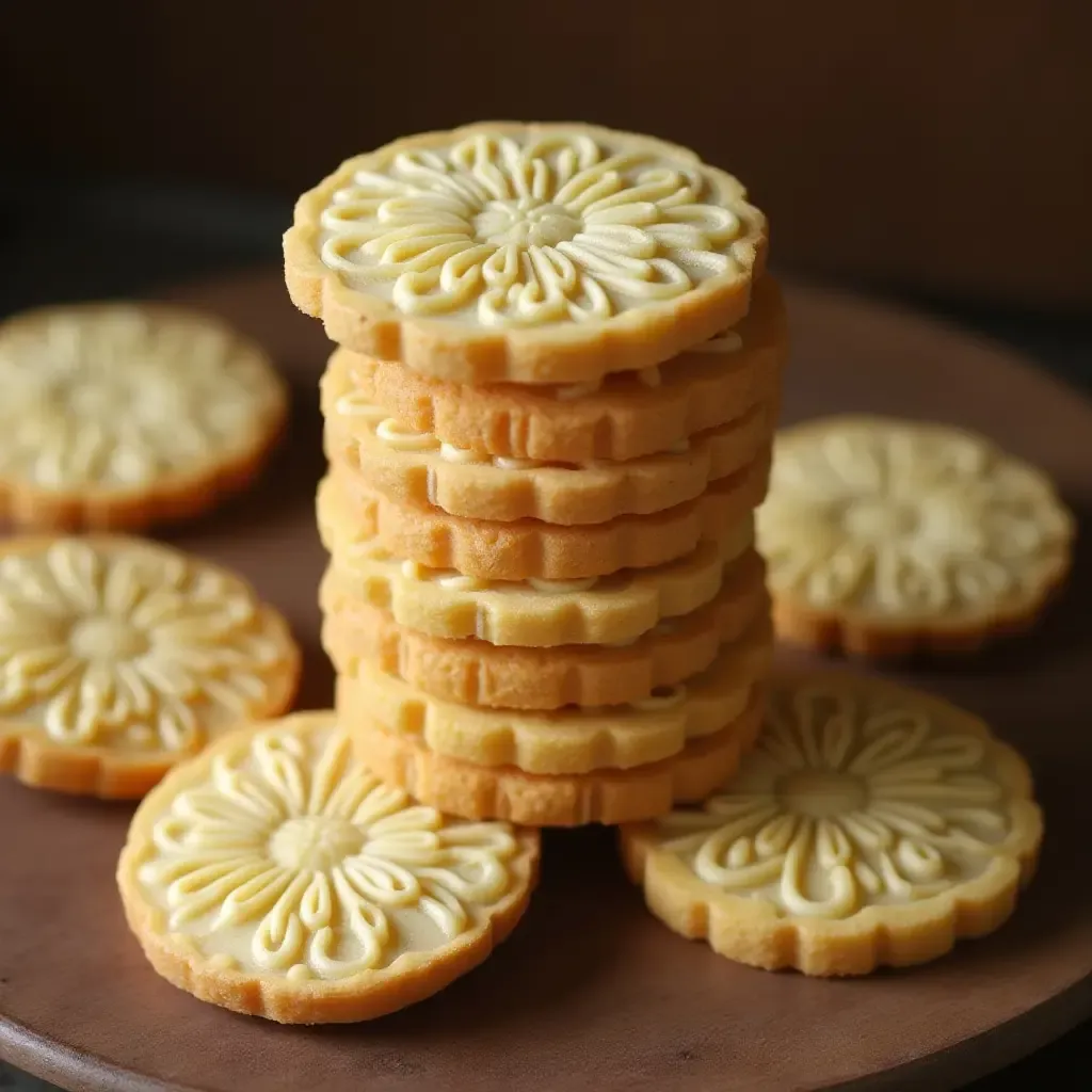 a photo of stacked Korean dasik tea cookies with intricate floral patterns.