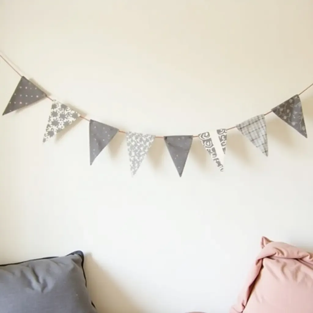 a photo of handmade fabric bunting hanging in a playful room