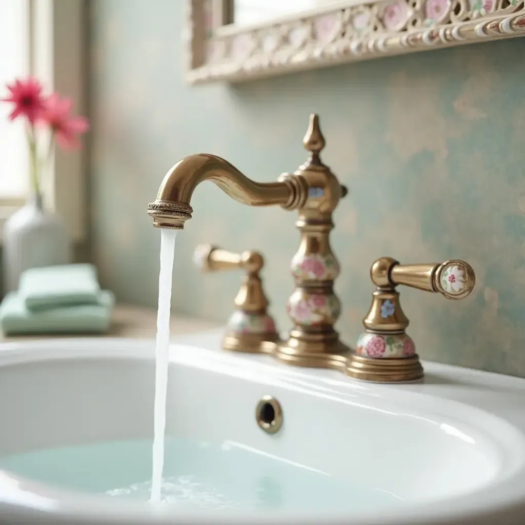 a photo of a vintage-style bathroom faucet with floral accents