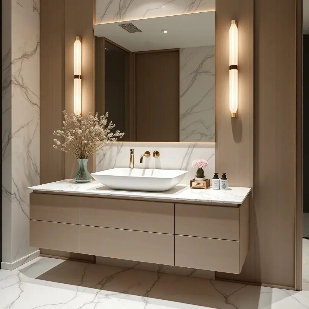 a photo of a luxurious vanity with marble surfaces and elegant accessories