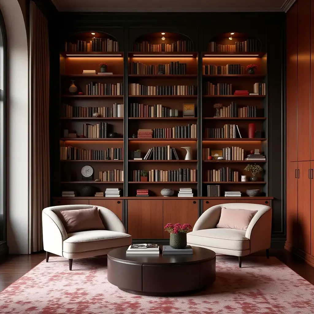 a photo of a glamorous library with a bold accent wall and chic decor