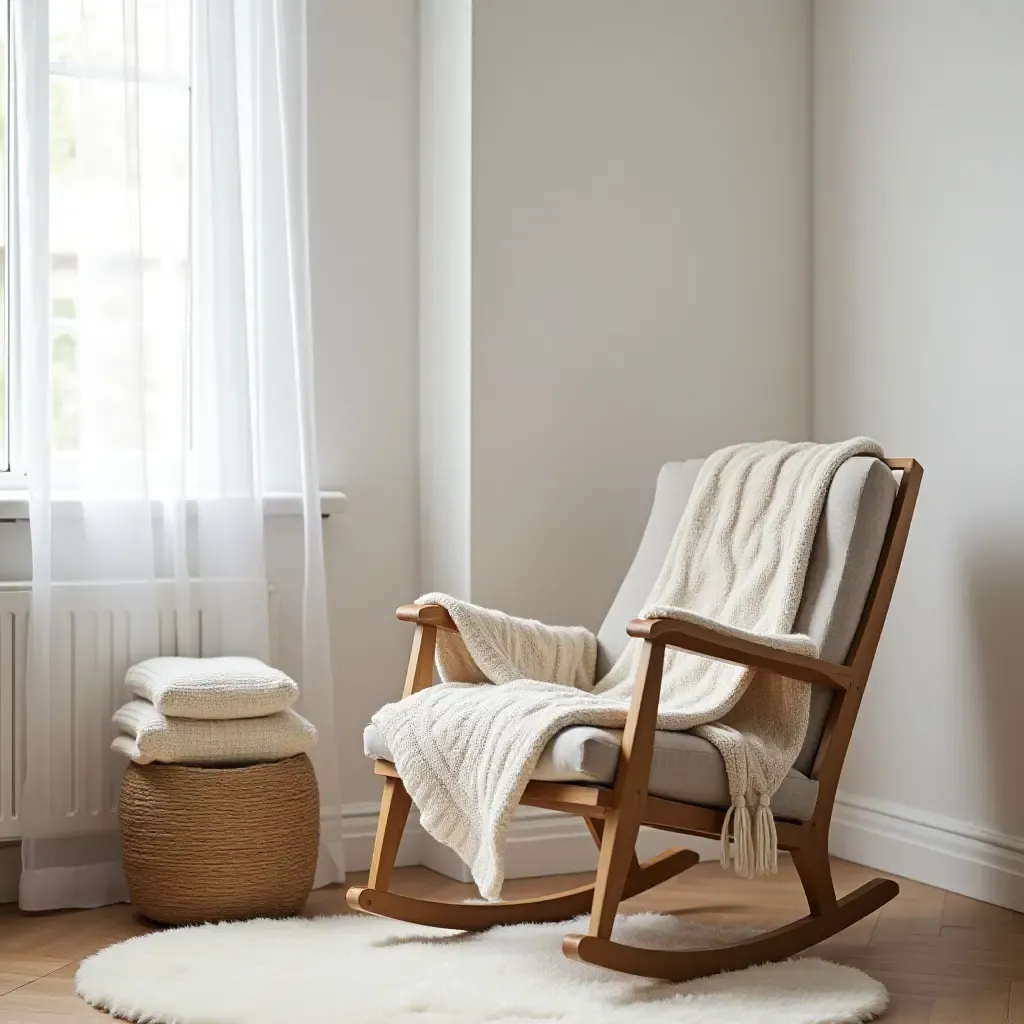 a photo of a nursery with a vintage rocking chair and knitted blankets