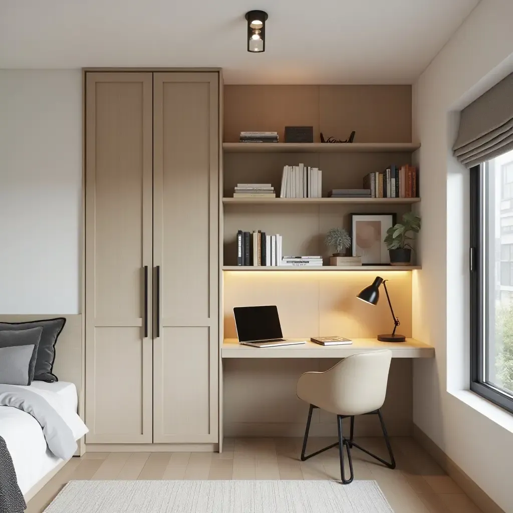 a photo of a sleek teen bedroom with a compact study area and clean lines