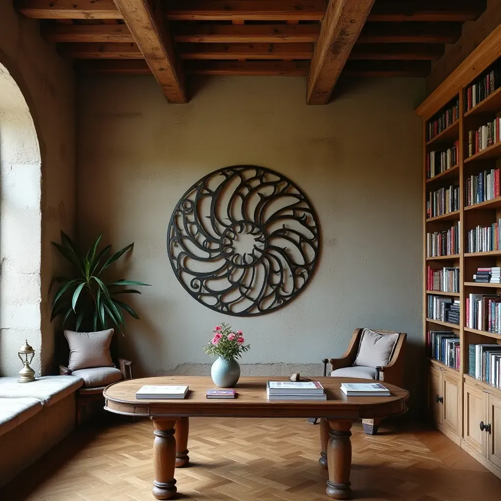 a photo of a library with metal wall art and wooden beams