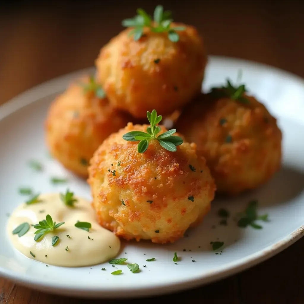 a photo of salted cod croquettes with truffle aioli, golden crispy, elegant presentation