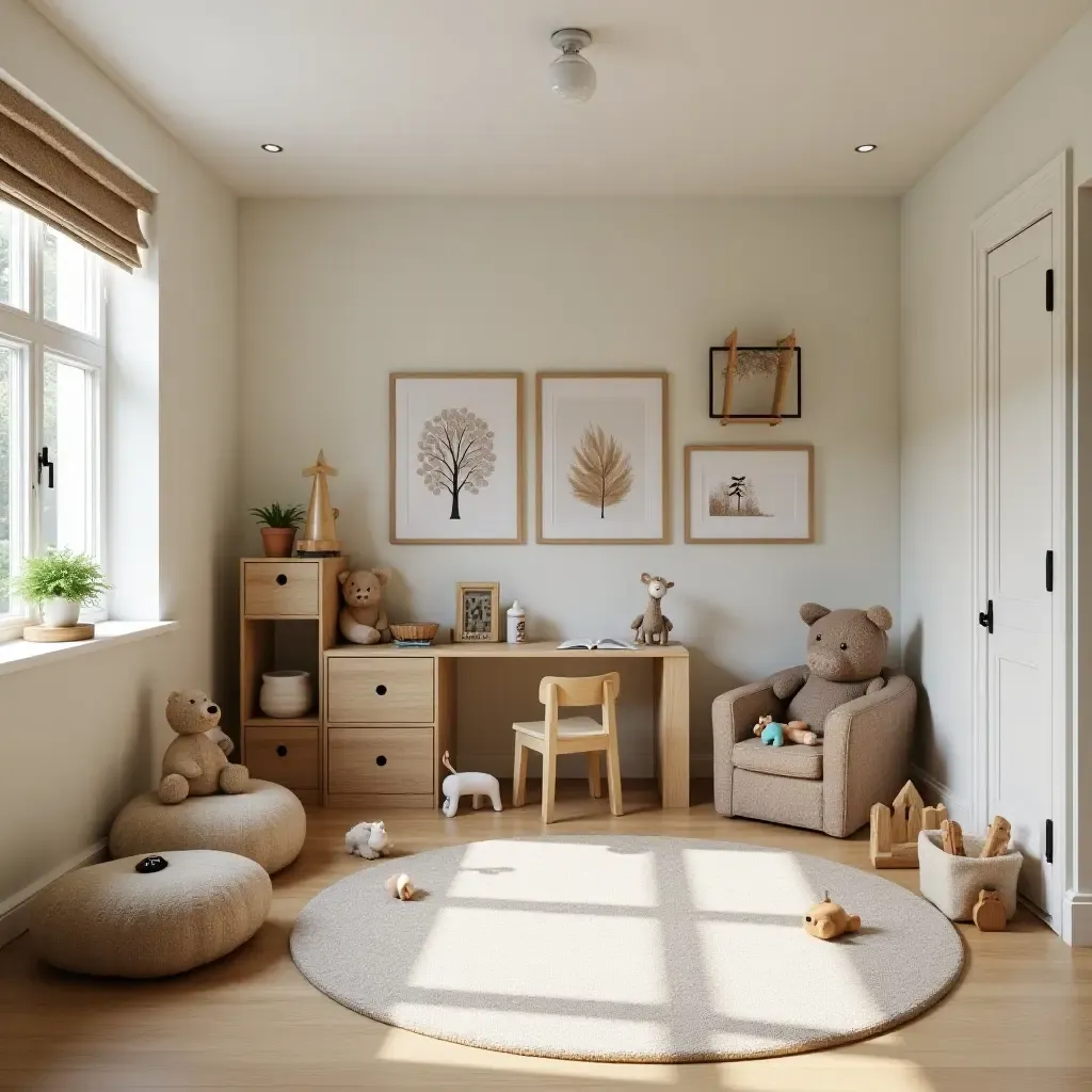 a photo of a basement playroom with wooden toys and decor