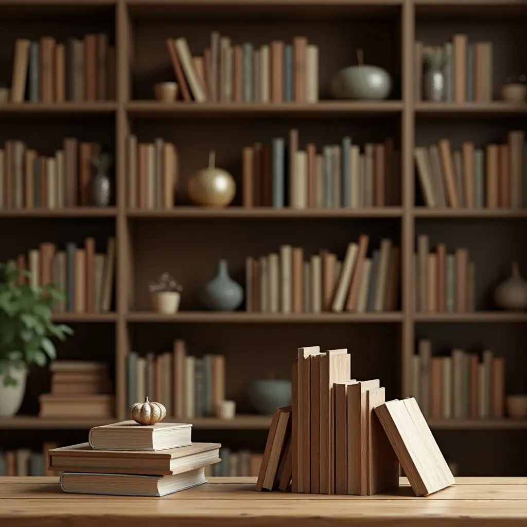 a photo of a library with wooden bookends and decorative items