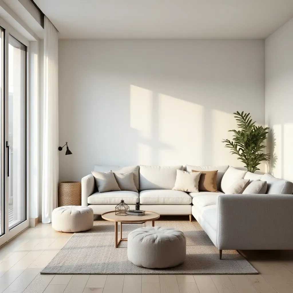 a photo of a serene Scandinavian living room with soft lighting and comfortable seating