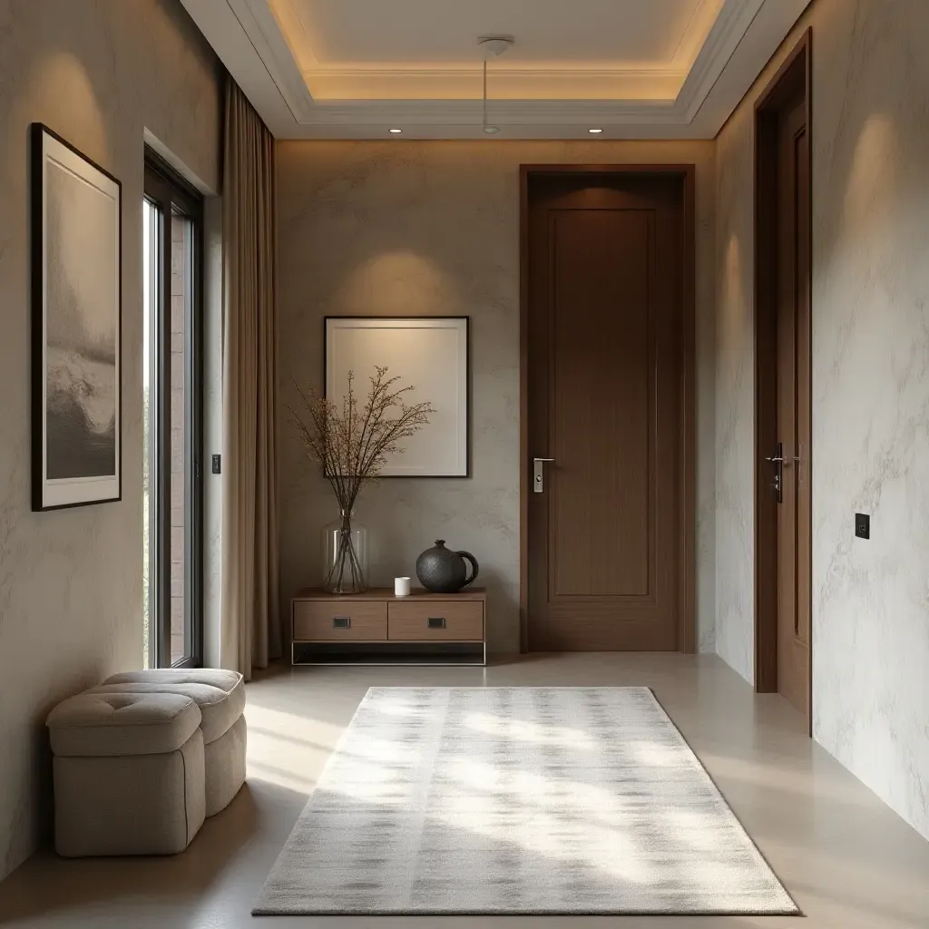 a photo of a stylish entrance hall blending soft fabric, rustic wood, and sleek metal