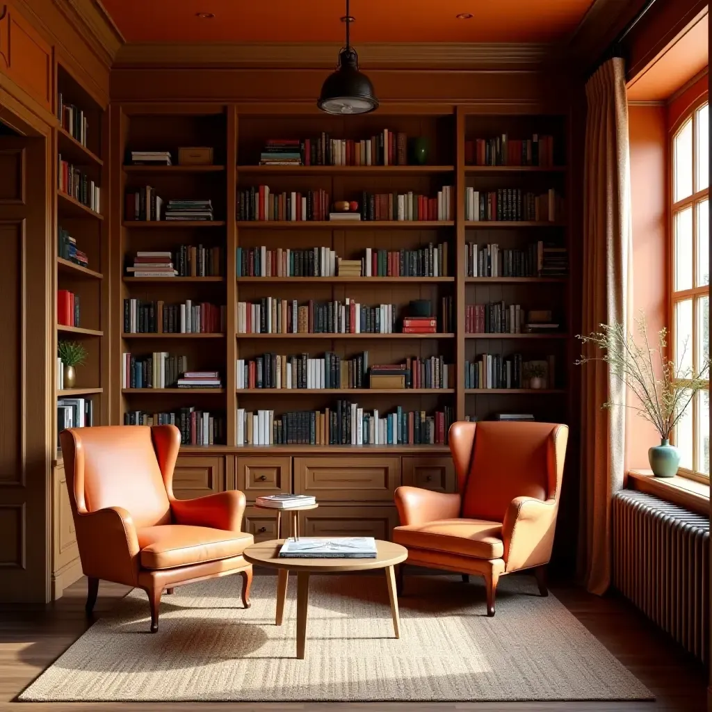 a photo of a rustic orange and brown library with farmhouse charm