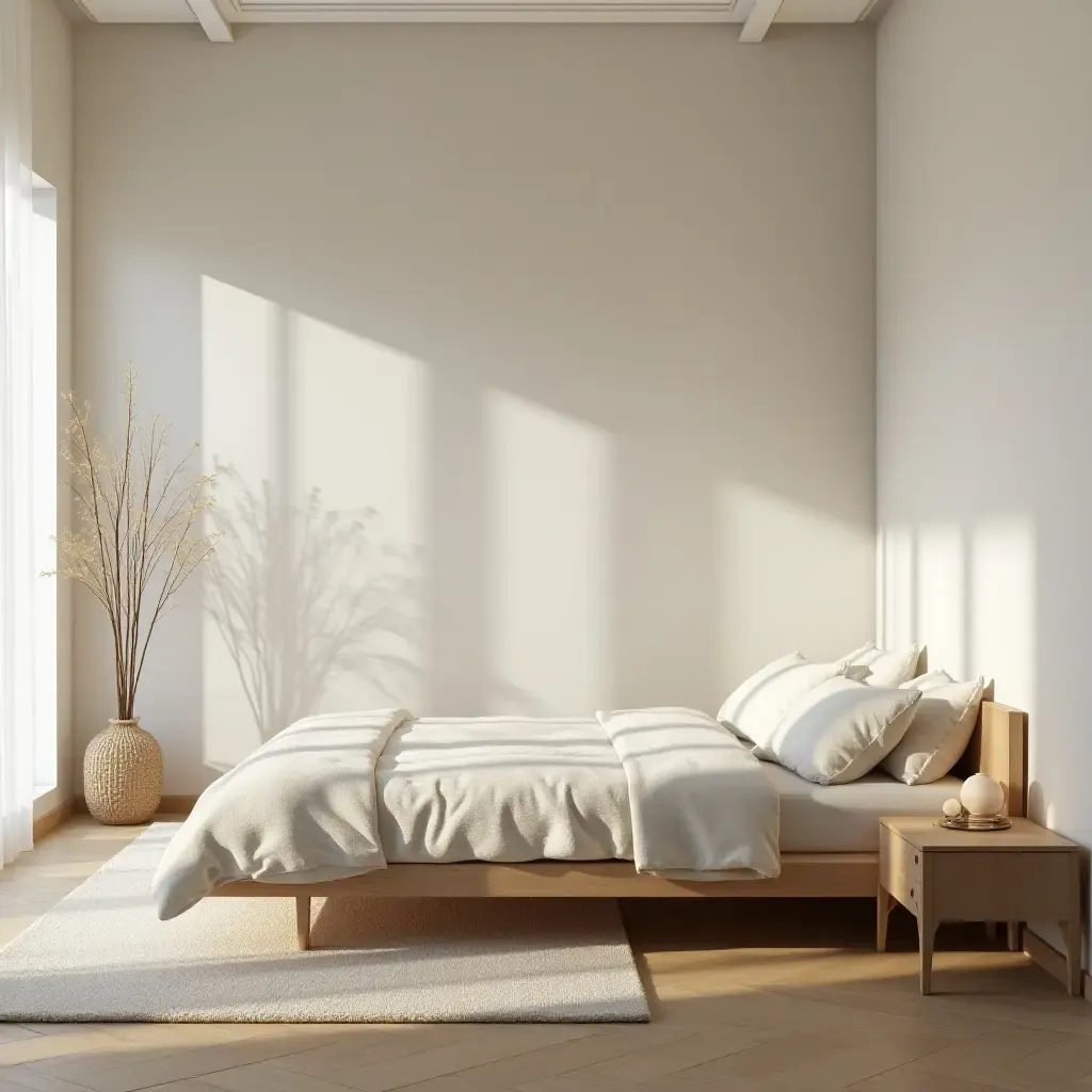 a photo of a peaceful bedroom featuring a low bed and natural light