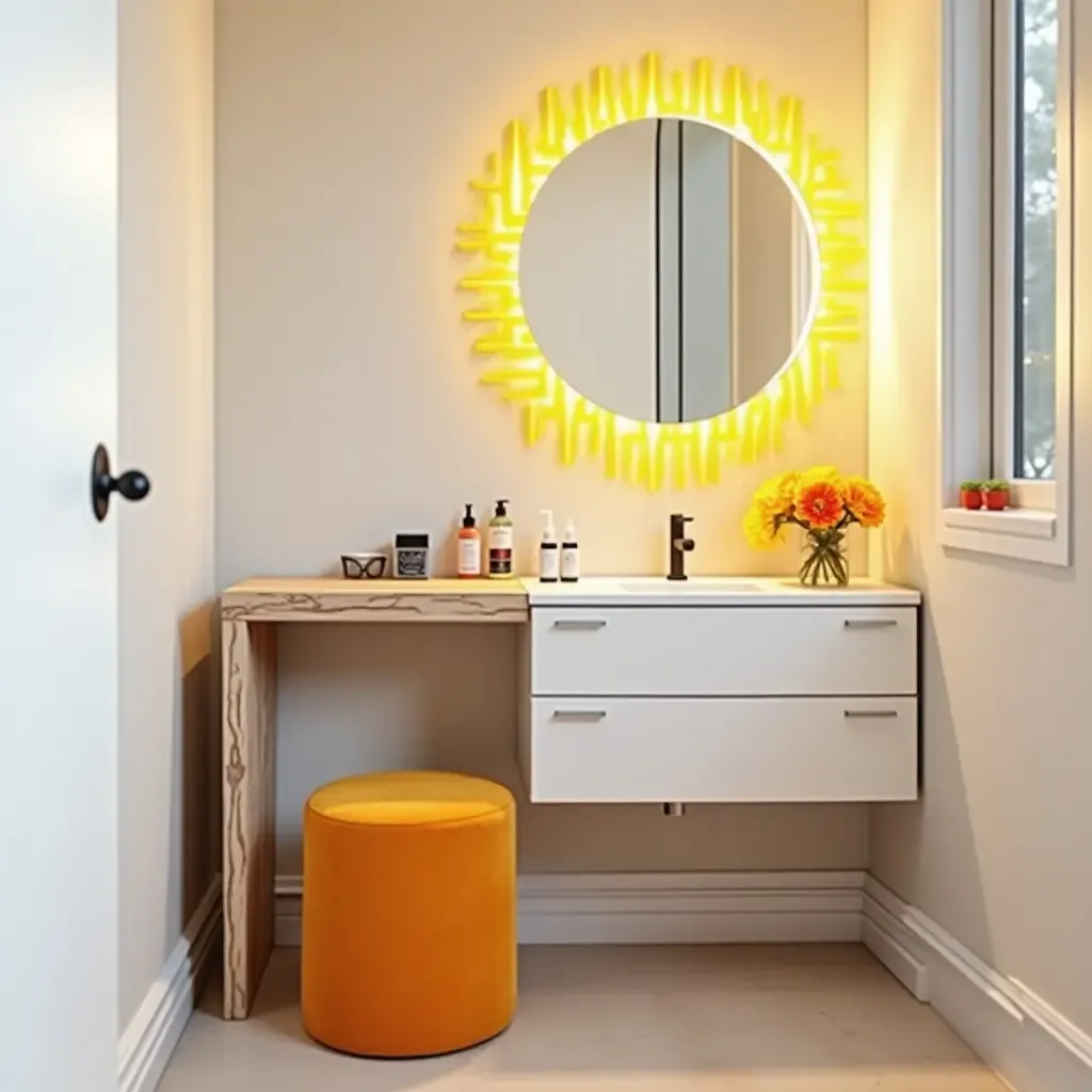 a photo of a compact vanity area with clever storage and bright colors