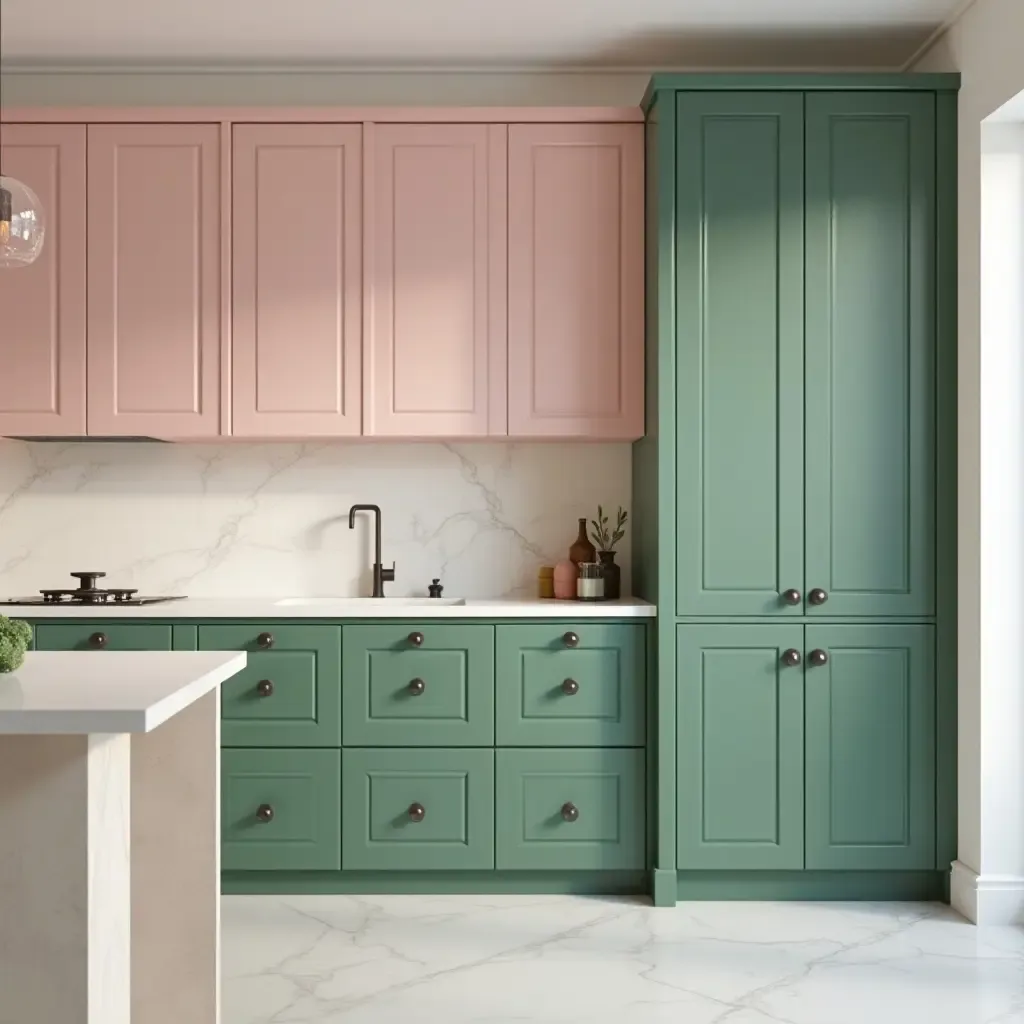 a photo of pastel pink and forest green cabinets in a chic design