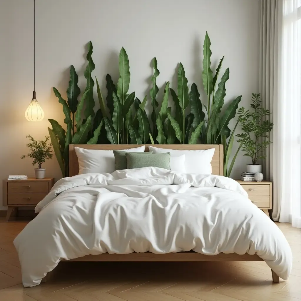 a photo of a bed with a plant-themed headboard design