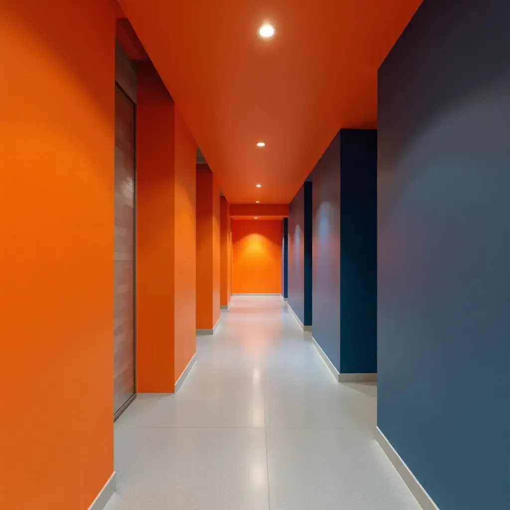 a photo of a bright orange and slate blue hallway