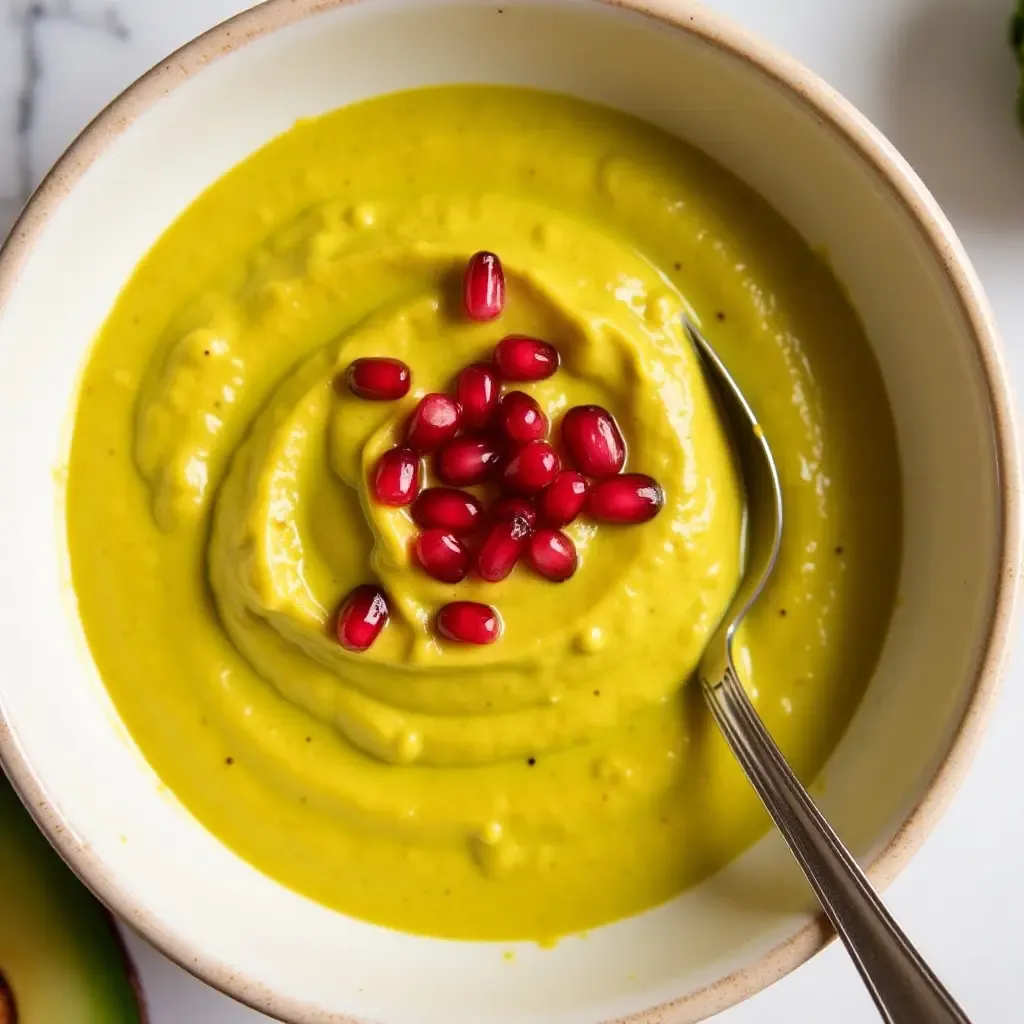 a photo of curry blended with avocado, garnished with pomegranate seeds.