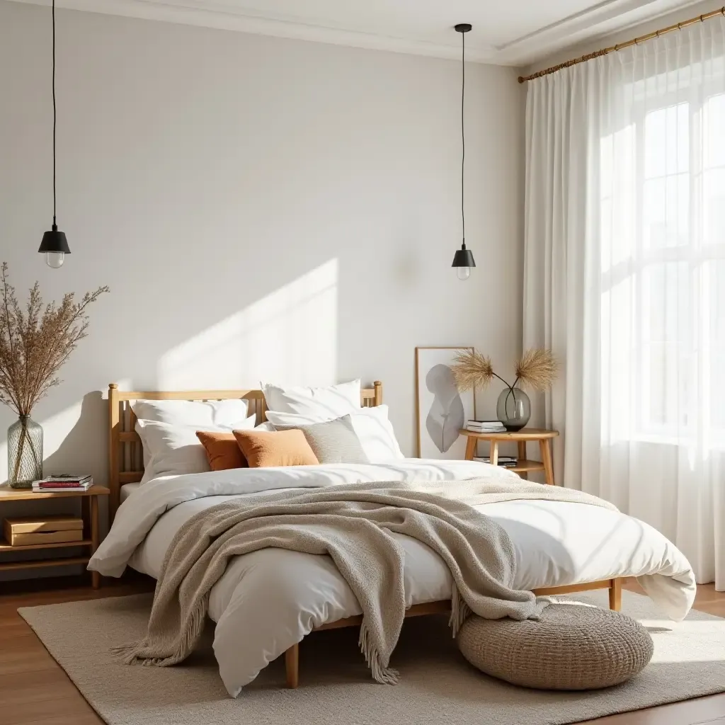 a photo of a bright bedroom with minimalist design and bohemian textiles