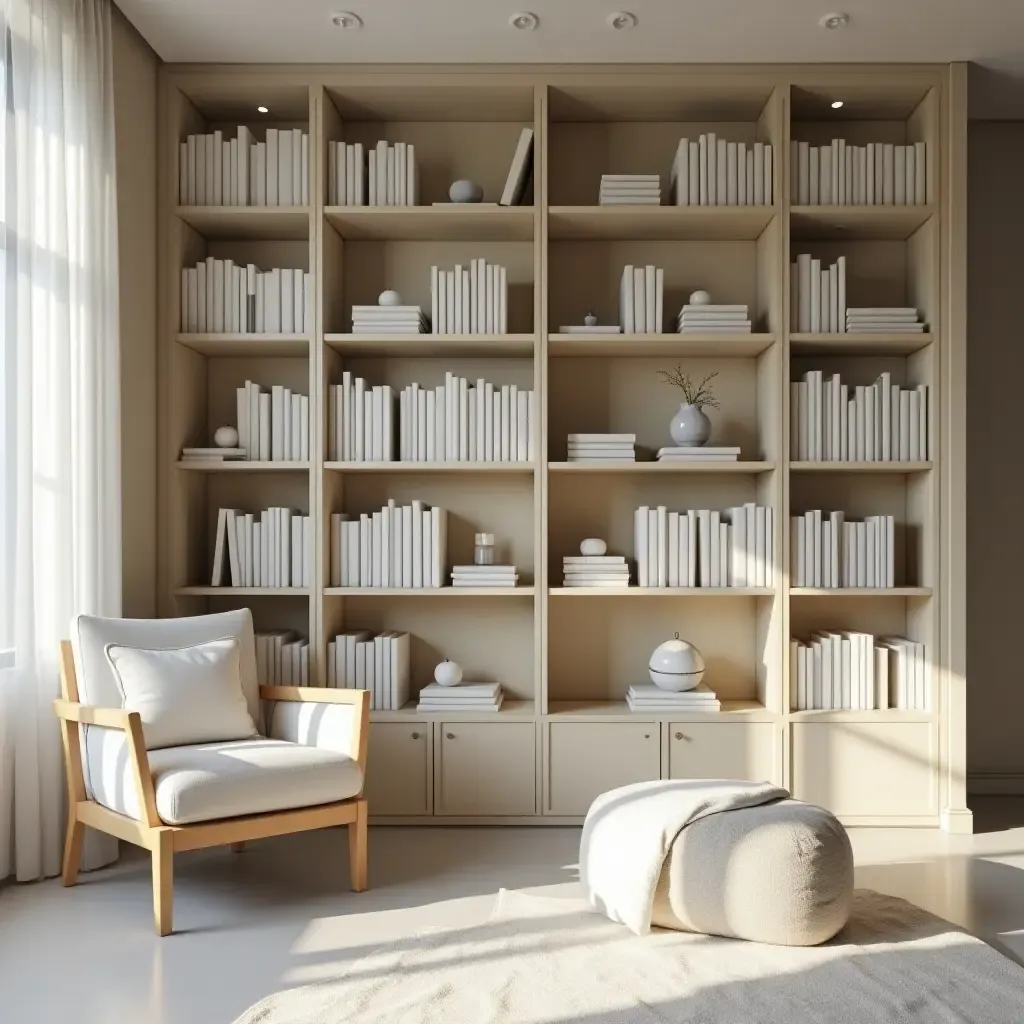 a photo of a minimalist library featuring sleek storage boxes and a comfy chair