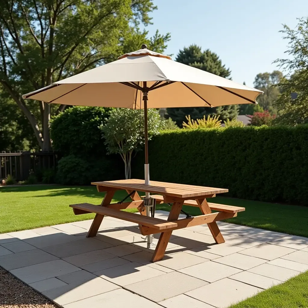 a photo of a patio with a picnic table under a canopy