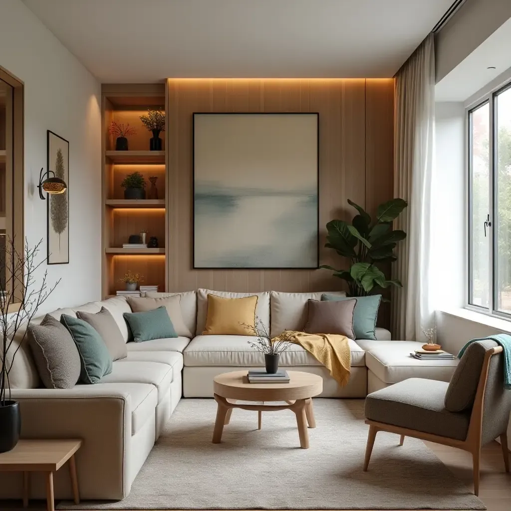 a photo of a cozy reading nook integrated into a living room layout