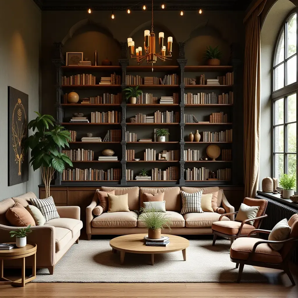 a photo of a library filled with whimsical decor and natural elements