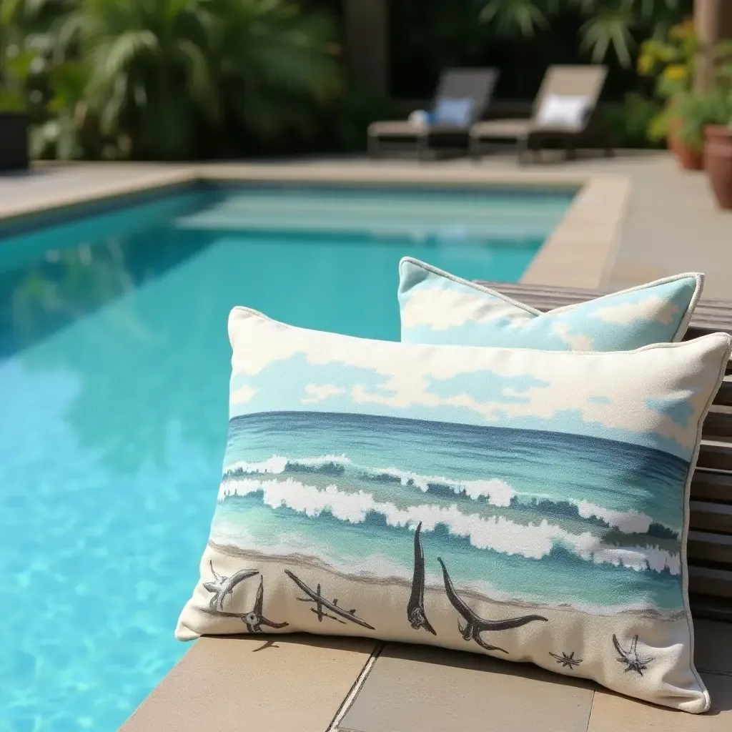 a photo of throw pillows with beach motifs beside a sparkling pool