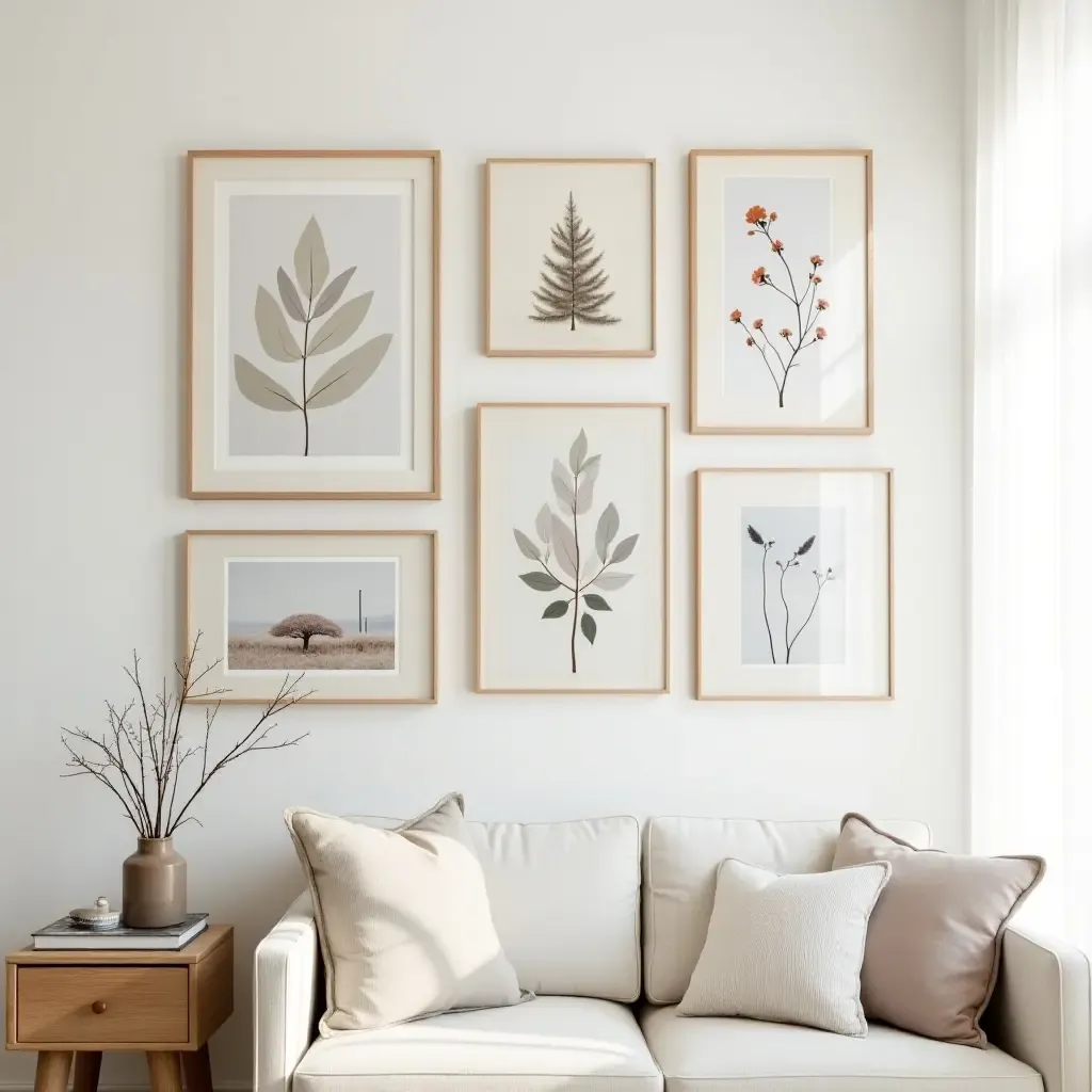 a photo of a gallery wall featuring nature-inspired artwork and family photos