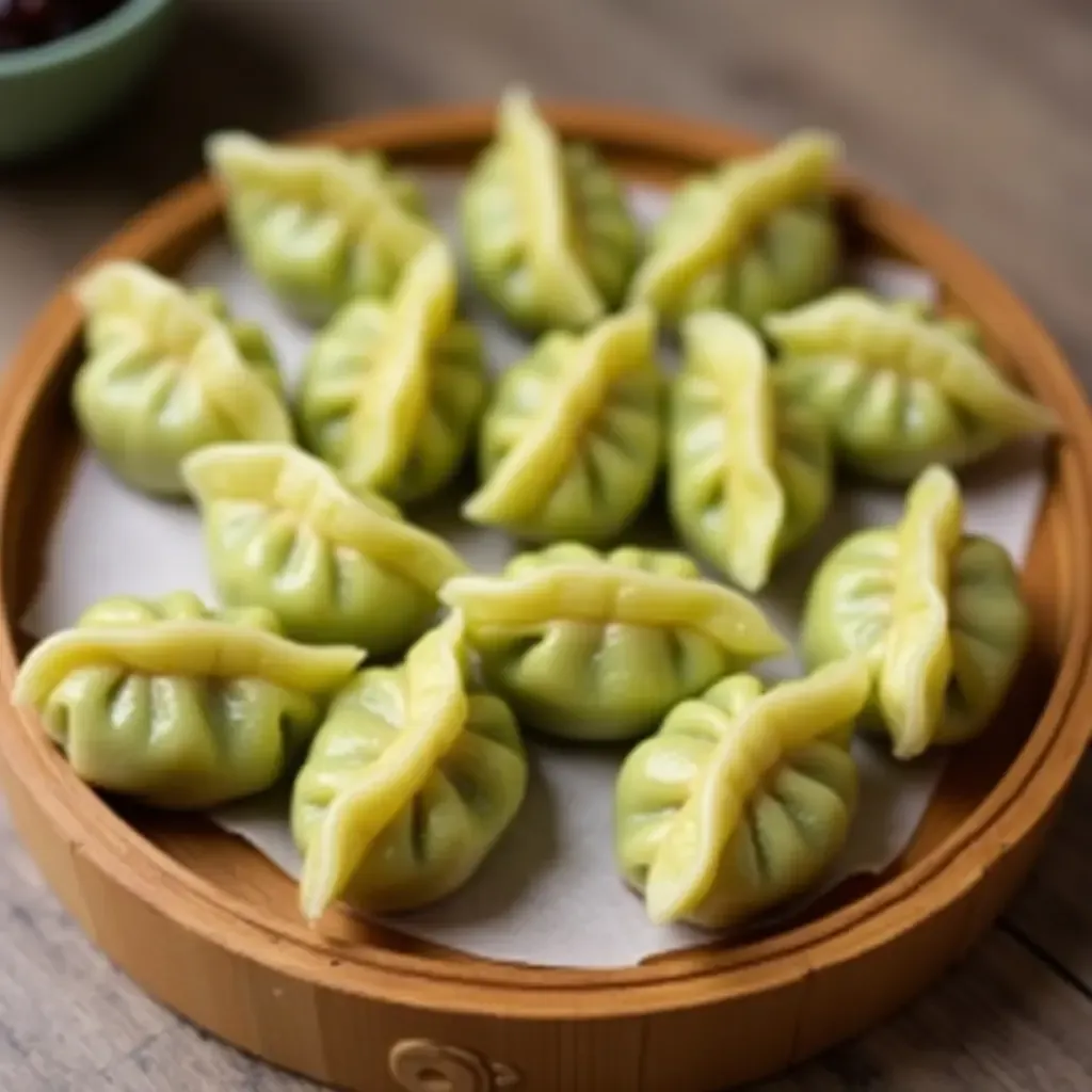 a photo of Thai pandan-flavored dumplings filled with sweet mung bean paste, on a bamboo tray.