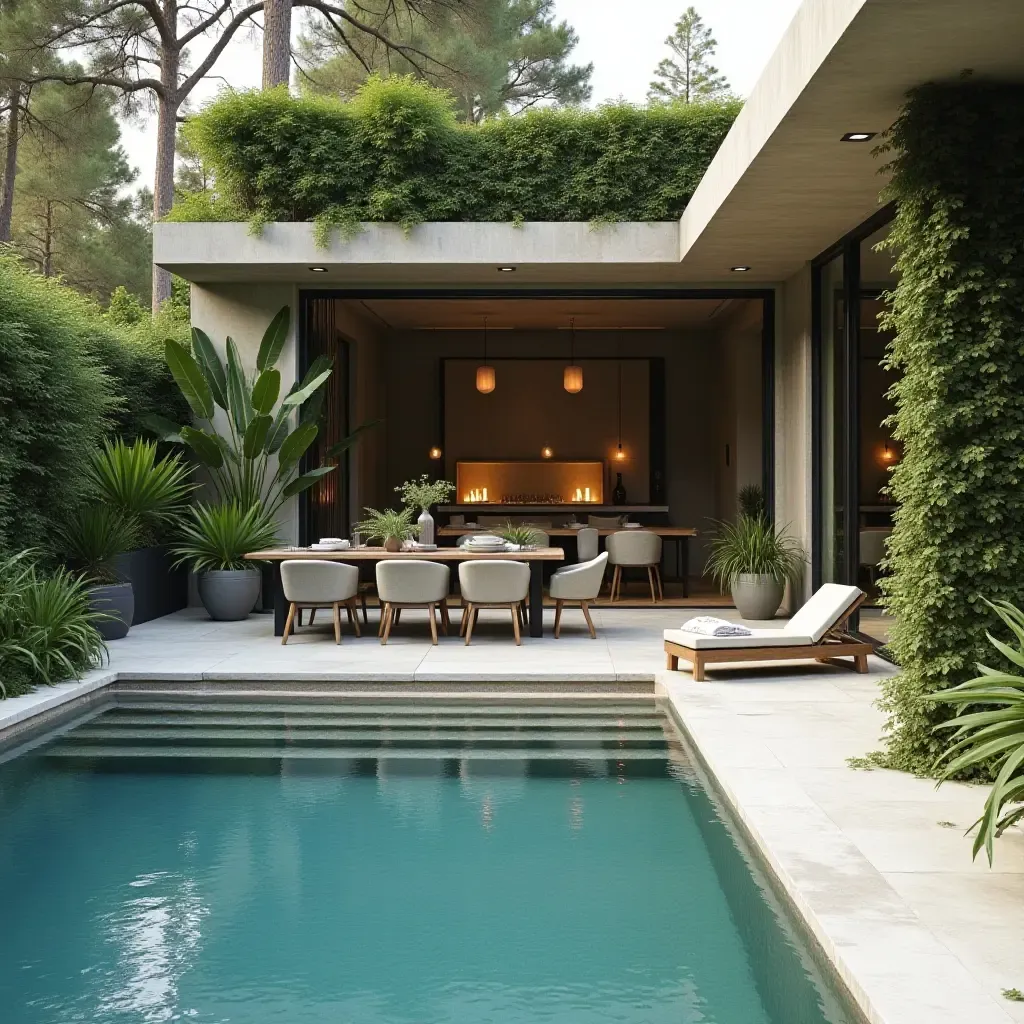 a photo of a poolside dining area with greenery accents