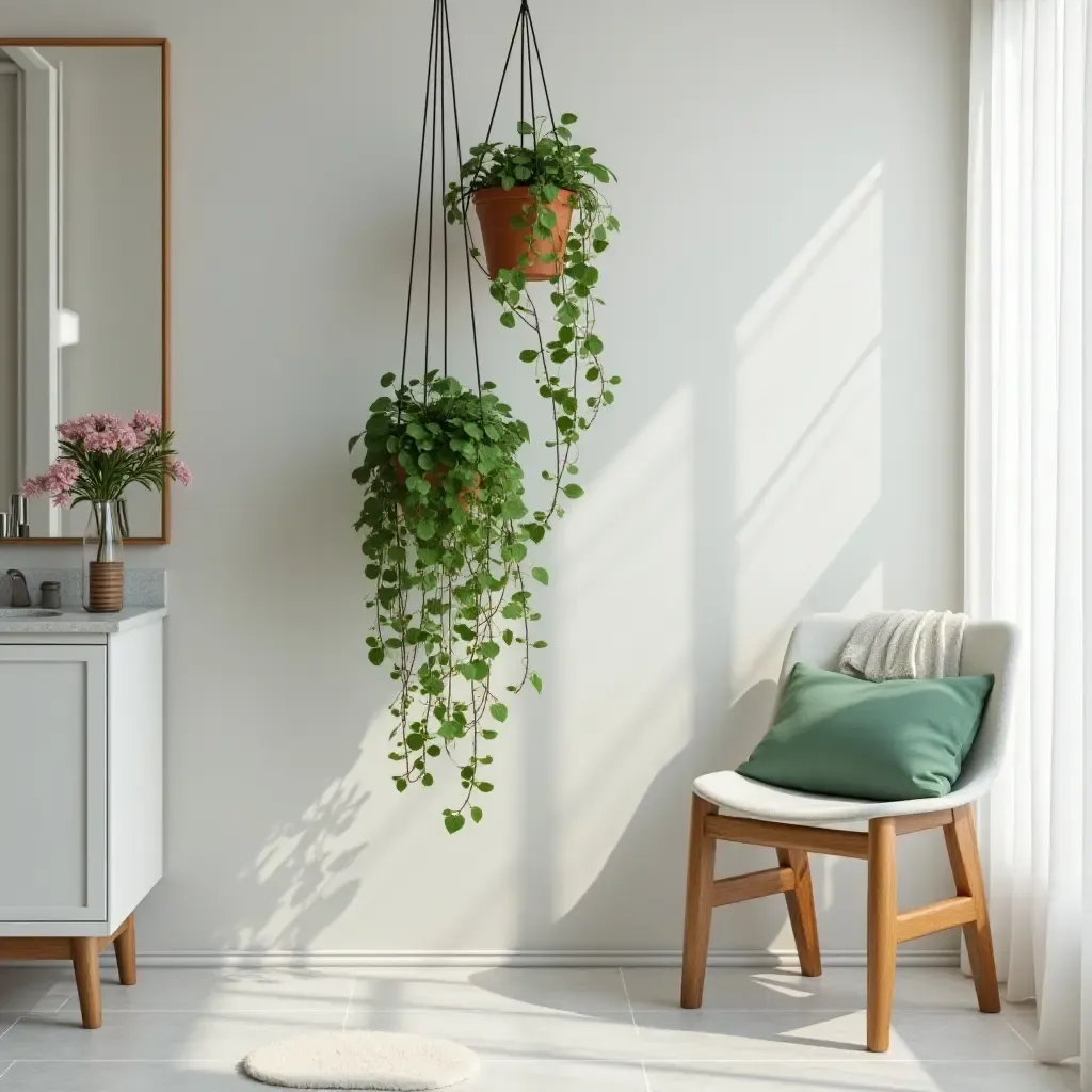 a photo of a hanging plant display in a bathroom corner