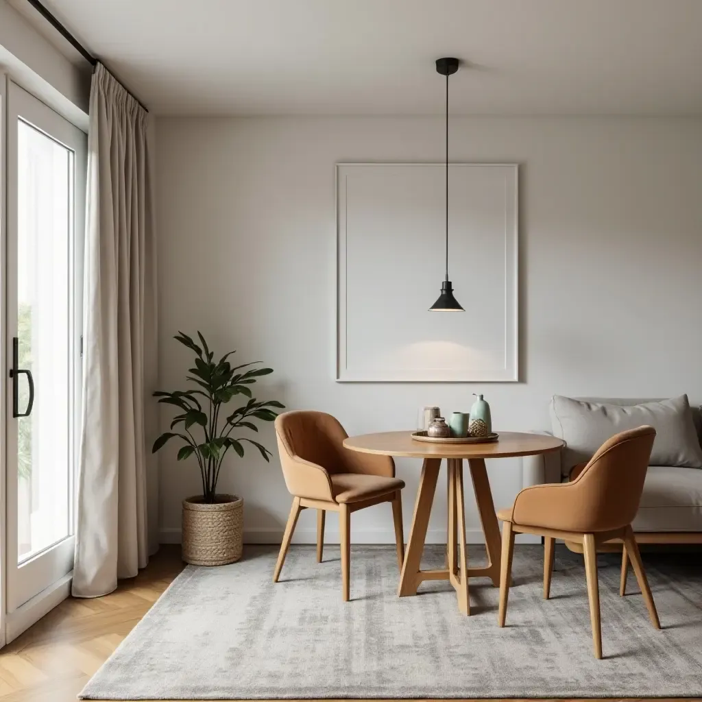 a photo of a small living room with a foldable dining table and chic dining chairs