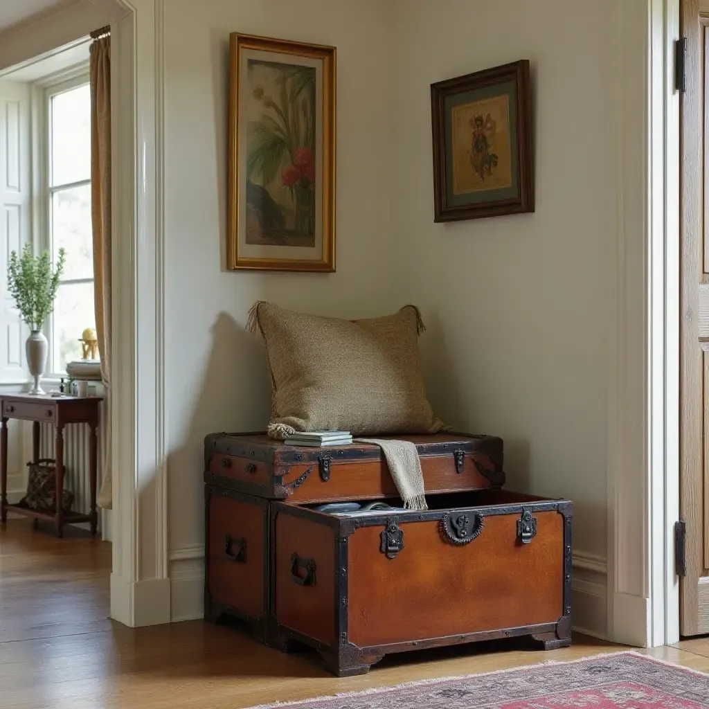 a photo of an antique trunk used as storage in a charming entrance