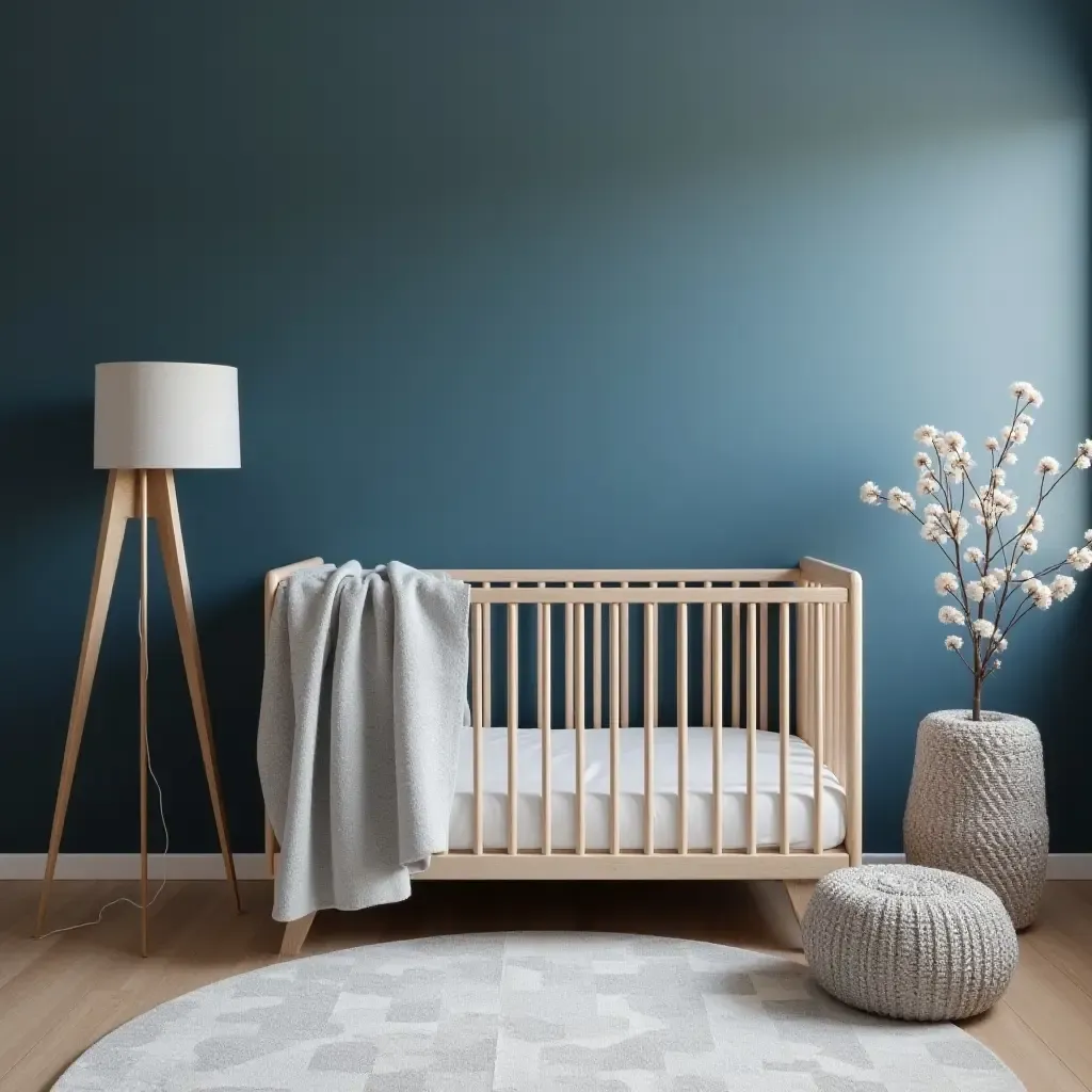 a photo of a nursery featuring deep blue and soft gray