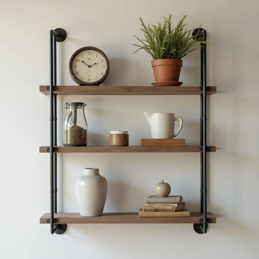 a photo of a wall-mounted industrial shelf with decor items