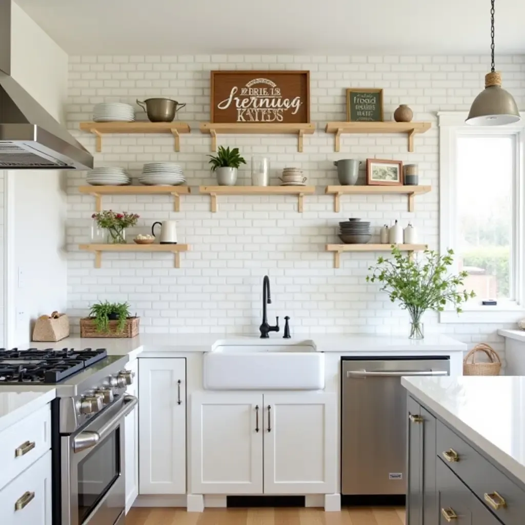 a photo of a kitchen featuring a farmhouse-style backsplash and decor