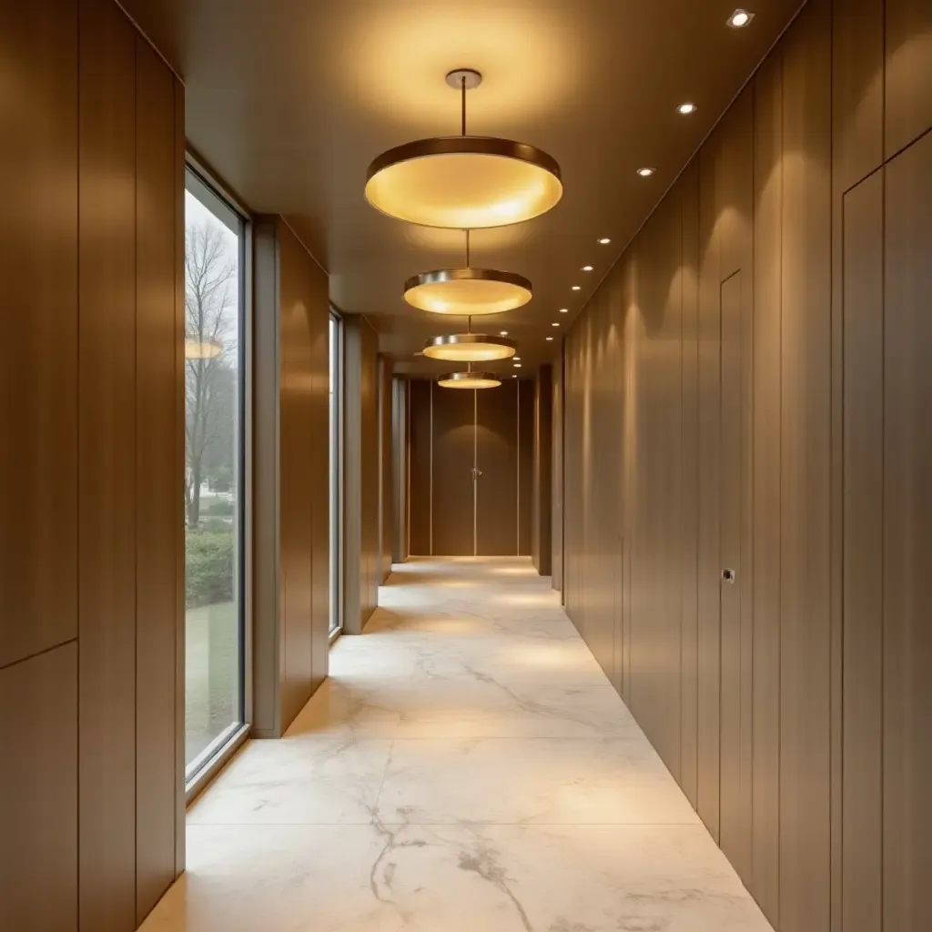 a photo of a corridor with metallic ceiling fixtures and refined wall colors